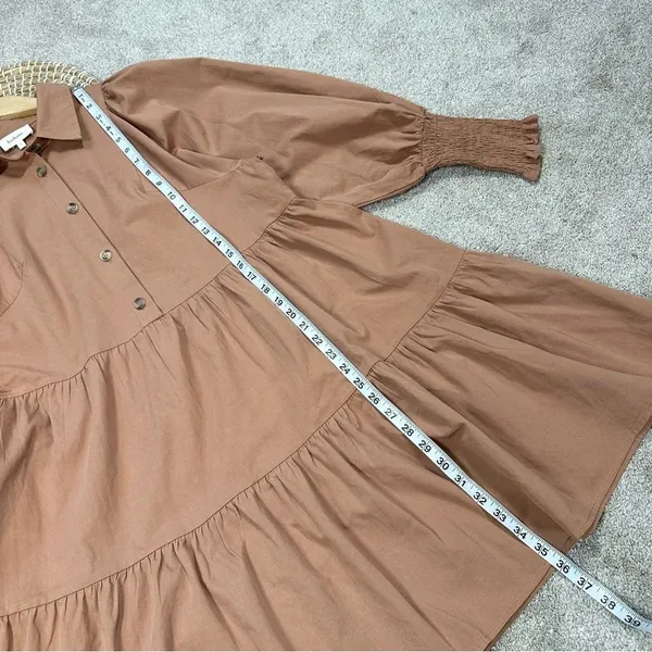 Bohme Makayla Mini Dress Smocked Balloon Sleeve Button Ruffle Tiered in Clay S - Image 16