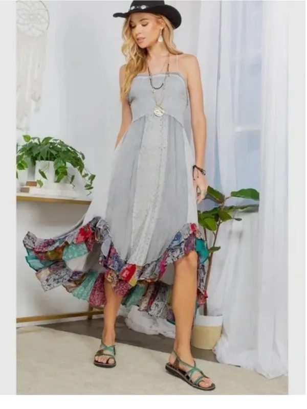Young Threads NWT Boho Light Gray Maxi Dress with Patchwork Ruffle Hem - Image 2
