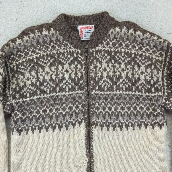 Vintage Rapaki Mahana Pure‎ Wool Cardigan Women's Medium NZ Brown Cream Knitwear - Image 3