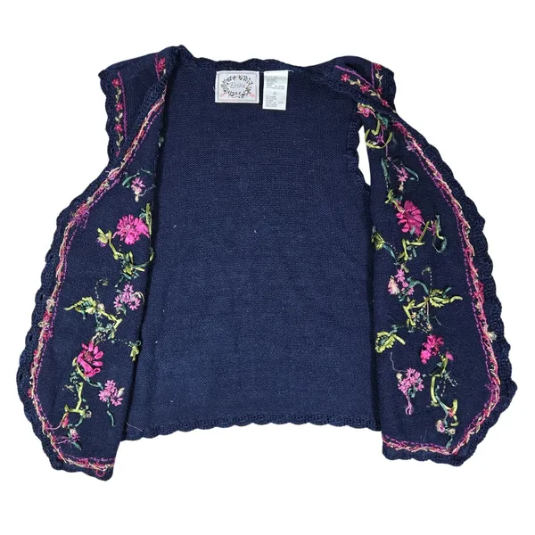 Erika‎ Vintage Navy Blue Embroidered Floral Ribbon Beaded Knit Vest Medium - Image 6