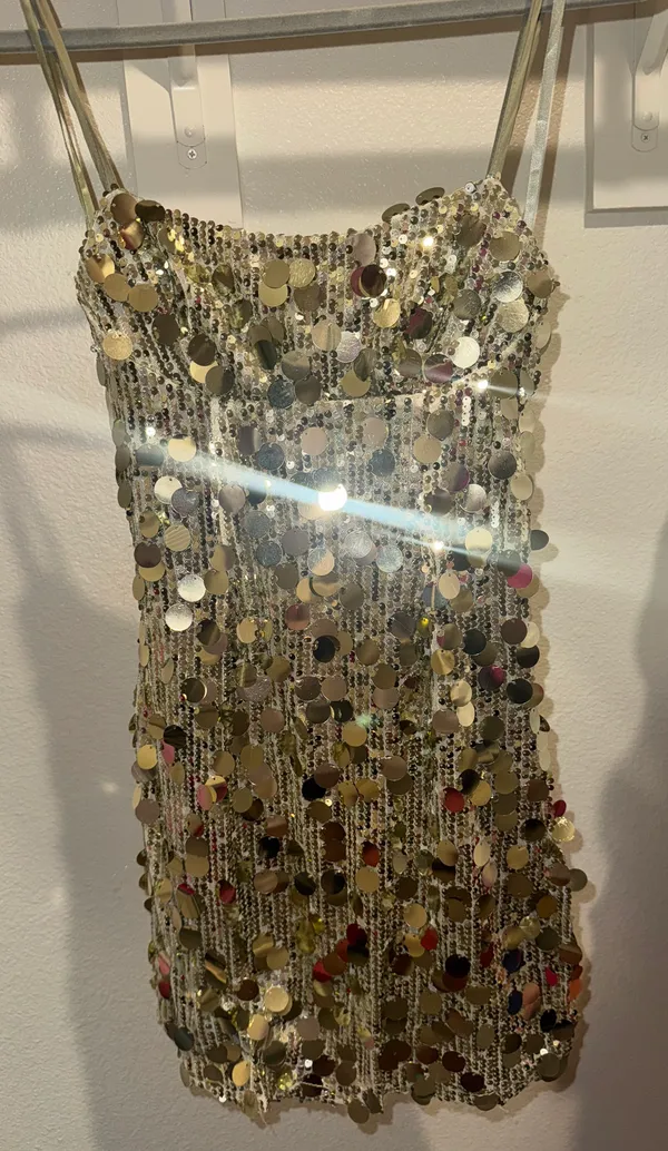 Cleo Mini Dress-Circle Sequin Mini Dress In Light Gold - Image 3