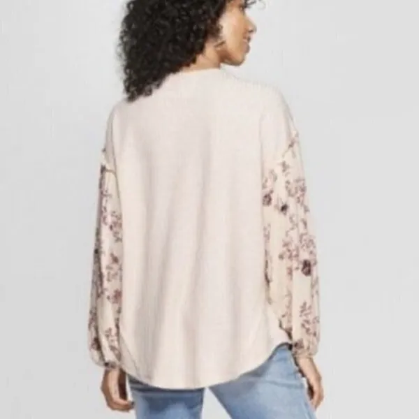 Knox Rose Womens Sz Medium Thermal Top Long Sleeve Light Pink Contrasting Floral - Image 2