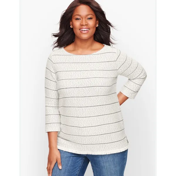 Talbots Women's Size Large 3/4 Sleeve Fringe Hem Sweater Top White Black Stripes - Image 2