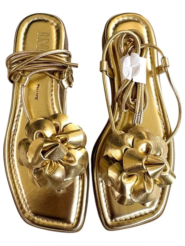 NEW INC Int'1 Concepts Glima Flower Ankle Wrap Sandals Gold Size 6 - Image 6