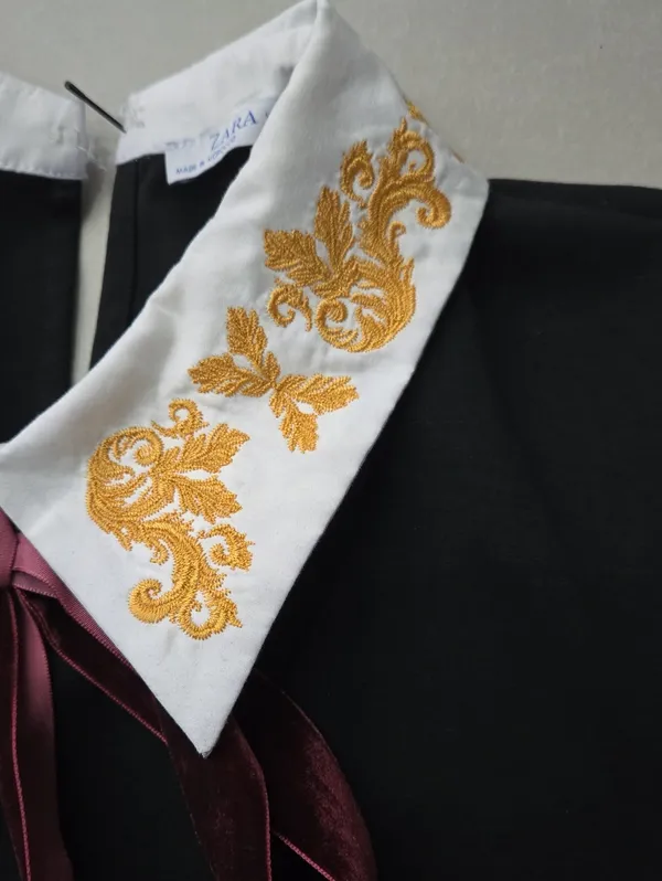Zara Black Dress with Embroidered White Collar and Burgundy Ribbon Size M - Image 7