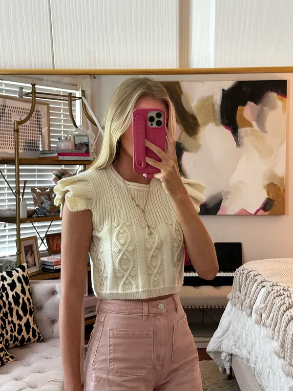 Cream Cable Knit Cropped Sweater Top Tan - Image 2