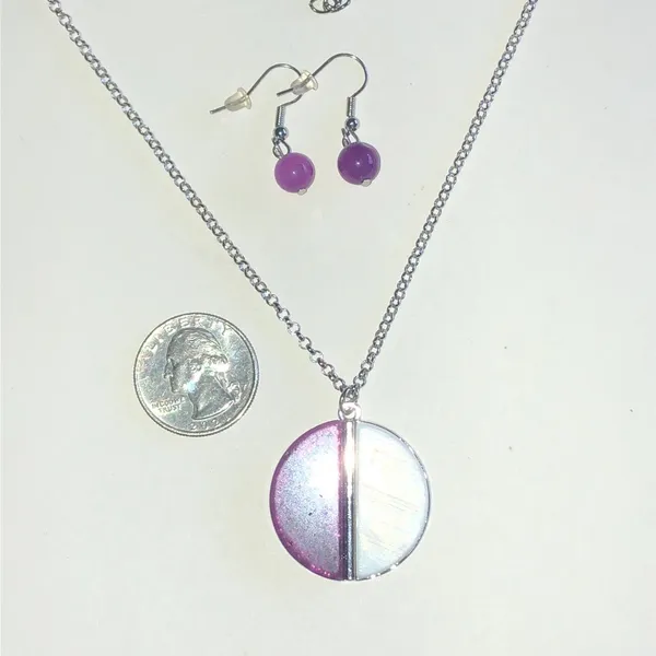 Silver Tone Purple & White Half-Moon Pendant Necklace and Earring Set - Image 4