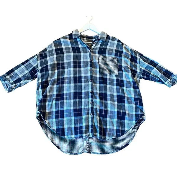 Anthropologie pilcro the letterpress blue plaid boyfriend collared flannel m/l - Image 4