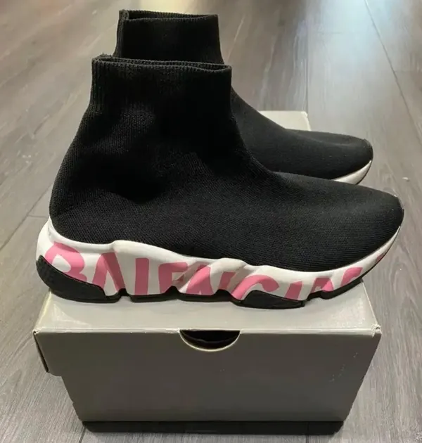 Balenciaga Speed Trainers Graffiti Knit Black Pink - Image 2