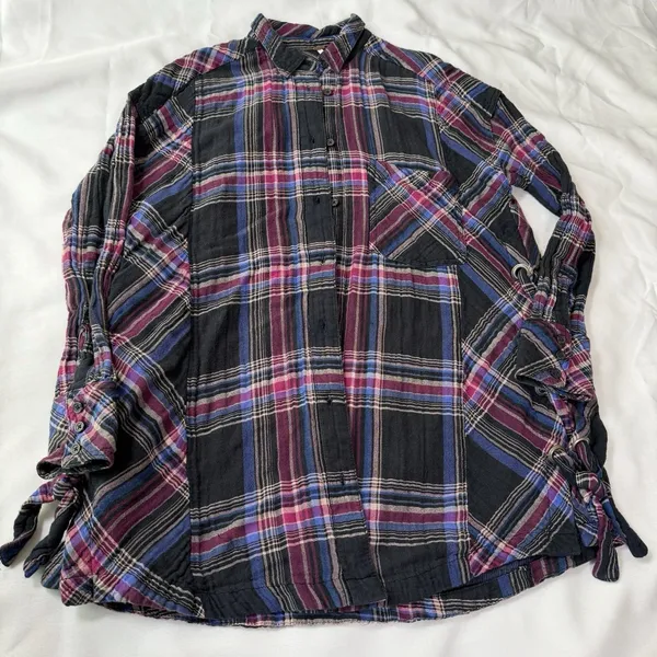 Free‎ People Cozycore Plaid Button Up Shirt Oversized Lace Up XS Grunge Boho - Image 6