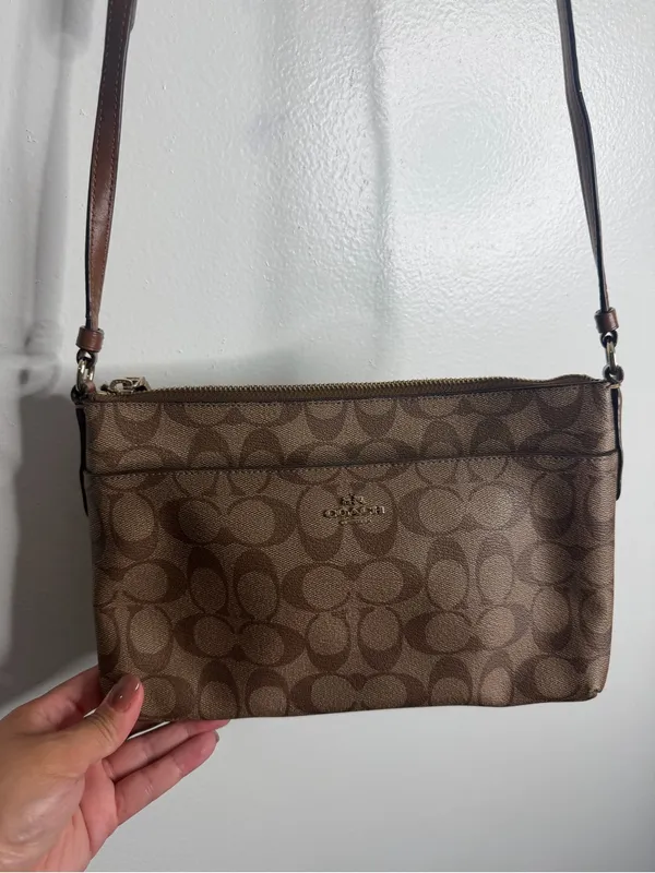 Coach‎ Signature Monogram Khaki Brown Leather Trim Crossbody Bag - Image 2