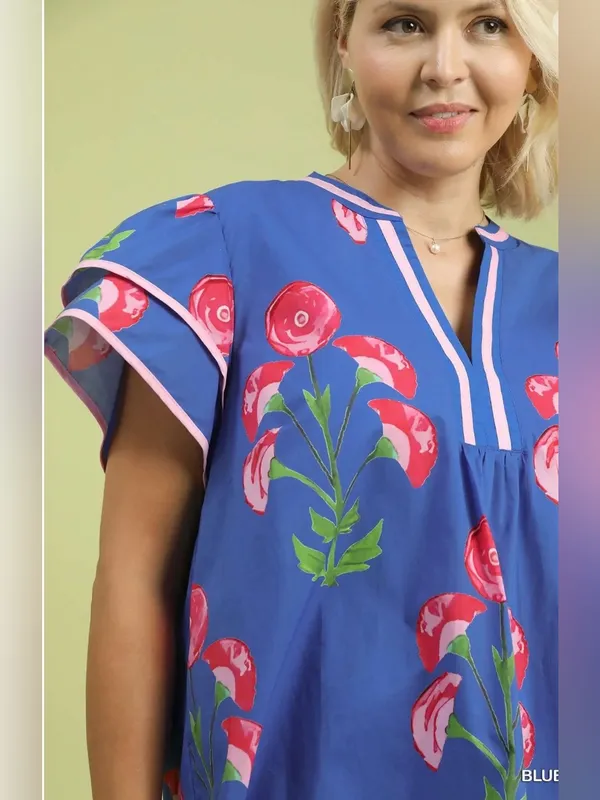 New! Umgee Cotton Plus Size Blue Floral V-Neck Women’s Top Size 2X - Image 2