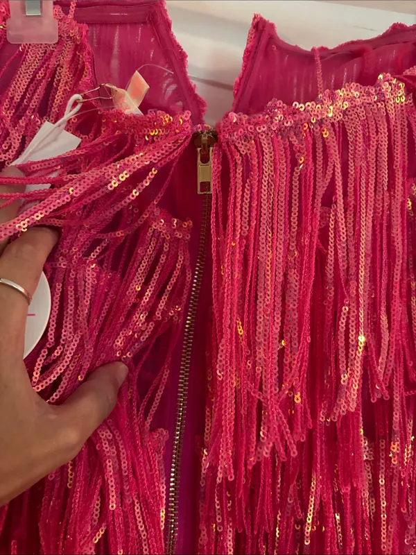 Luxxel Bright Pink Fringe Sequin Maxi Dress - Image 4