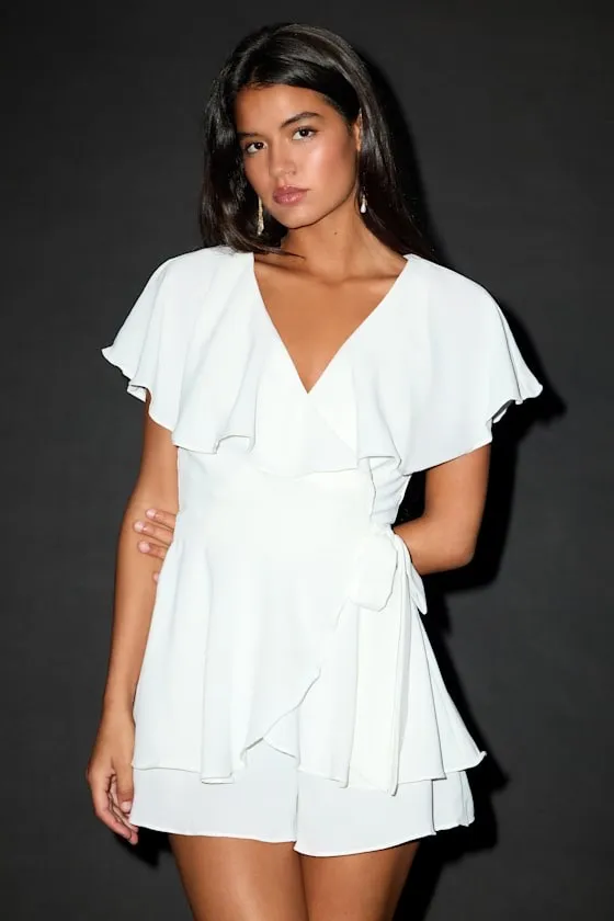 Lulus Aldrin White Ruffled Backless Wrap Skort Romper - Image 2