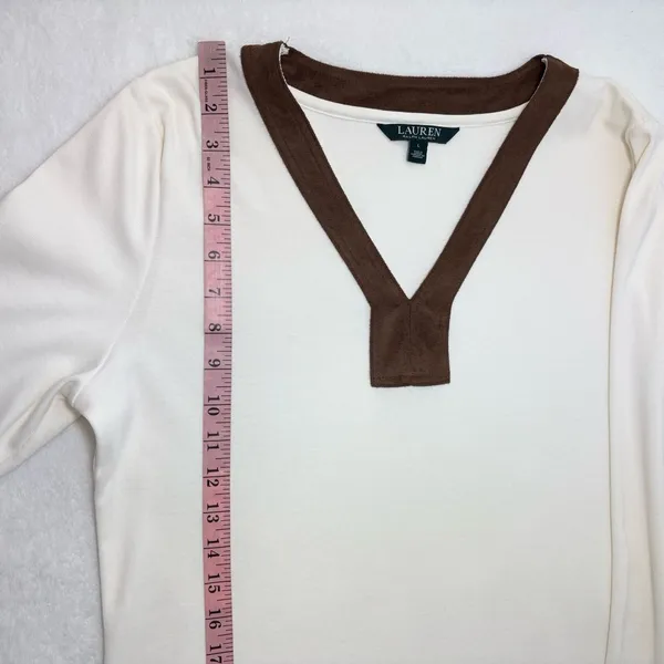 Ralph Lauren V neck Cream and Brown Cotton Long‎ Sleeve Top Size L - Image 9