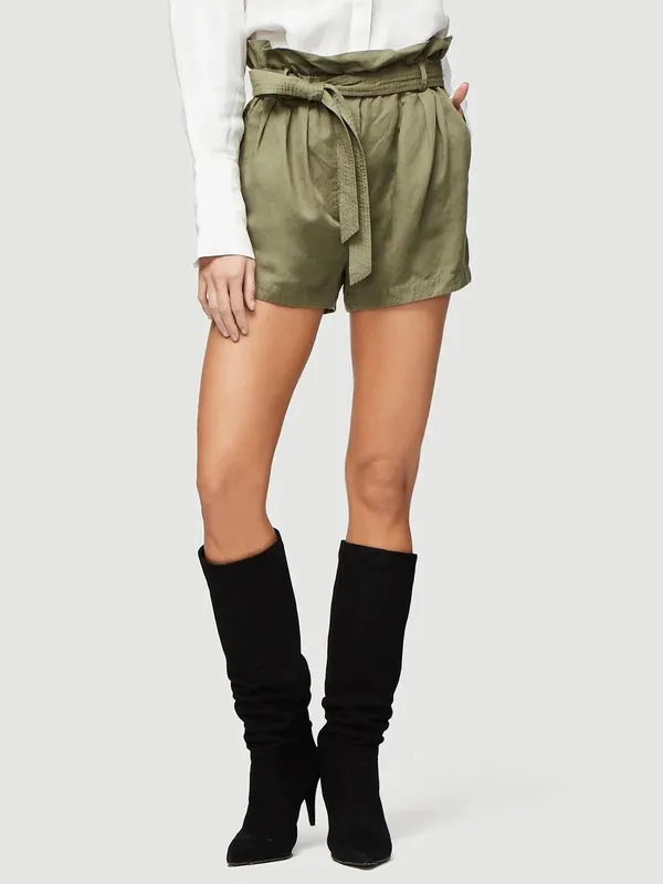FRAME Denim Paperbag Pocket High Rise Linen Blend Shorts Army Green - Image 9