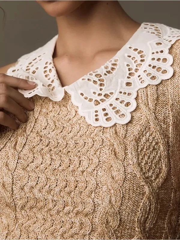 Anthropologie Lace-Trim Peter Pan Collar Tan White Knit Tank size Small - Image 2