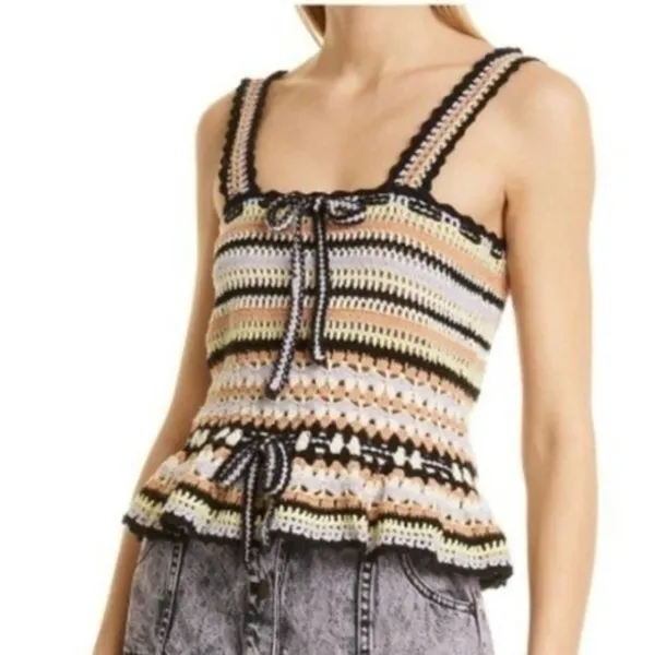 Ulla Johnson Zita Tank Honey Crochet Peplum Top Cotton Striped Multi Size P - Image 12