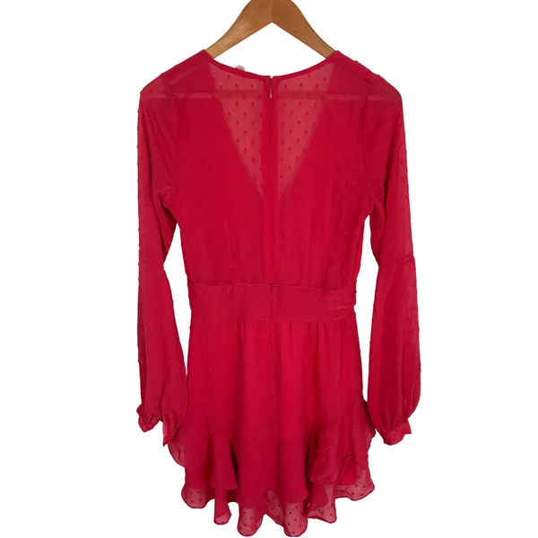 For Love & Lemons Coral Clip Dot Ruffle Mini Dress Deep V-Neck Long Sleeve Small - Image 5