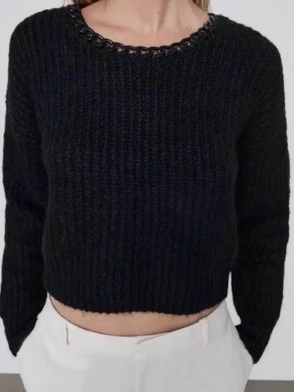 Zara Black Chunky Knit Sweater Chain Trim Neckline Long Sleeve Pullover. Size S - Image 9