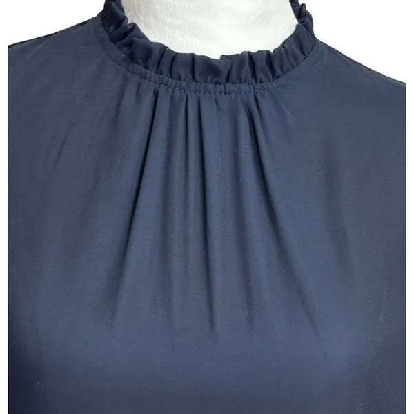 SheIn Chiffon Blouse Navy Ruffle Mock Neck Bishop Sleeve Work Modest Minimalist XS‎ - Image 11
