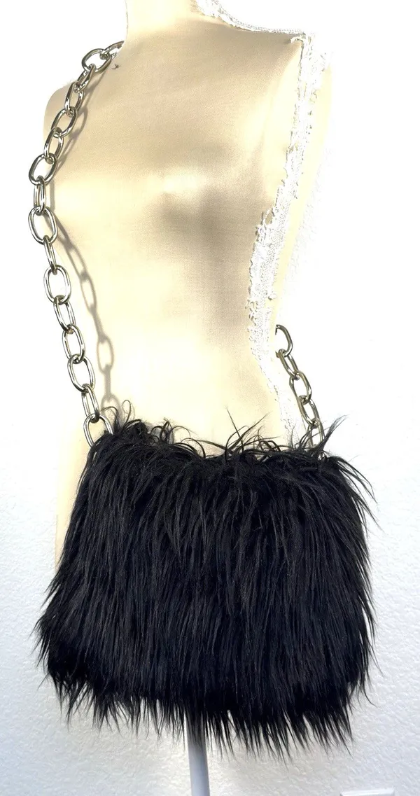 Widow Dolls Kill Black Shaggy Faux Fur Chain Shoulder Crossbody Bag Goth Y2K Emo - Image 2