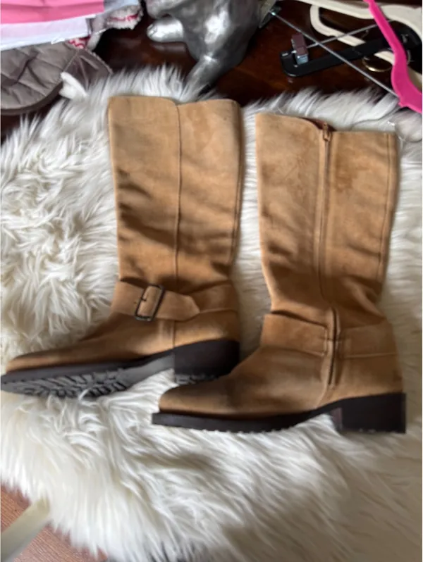 Sundance Tan Suede Knee High Boots with Buckle Detail - Image 2