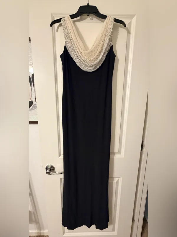 Cachet Black Maxi Dress with Cream Beaded Draped Neckline - Image 3