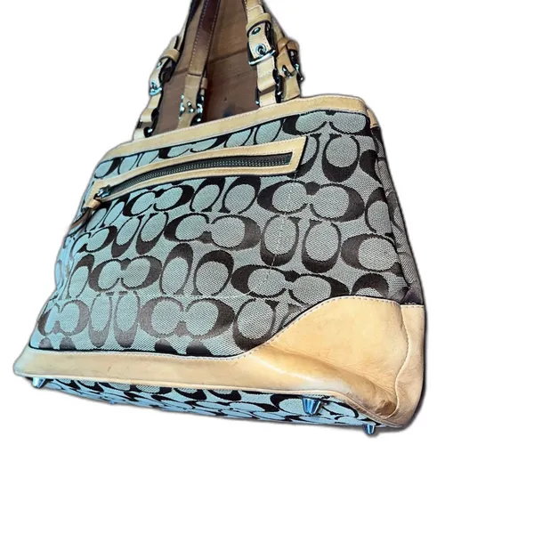 Coach Hampton Signature Monogram Brown Tan Leather Trim Tassel Handbag Purse - Image 2