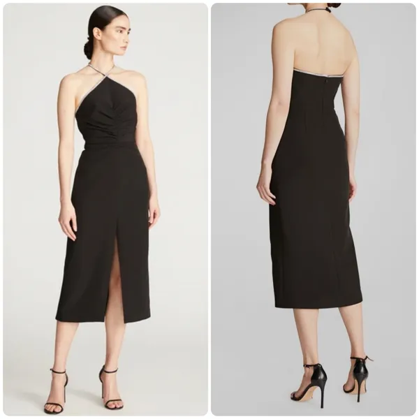 NWT Halston Womens Piper Crystal Trim Crepe Ruched Midi Halter Dress Black 6 - Image 2