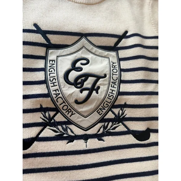 English Factory Golf Crest Sweater Cream Navy Striped Preppy Golfcore Small - Image 7