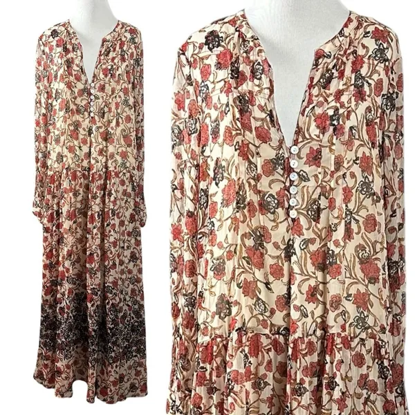 Free People Bohemian Billowy Floral See It Through Maxi Dress Tea Combo Large - Image 6