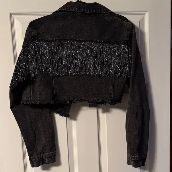Chic Black Fringe Denim Jacket Size M - Image 4