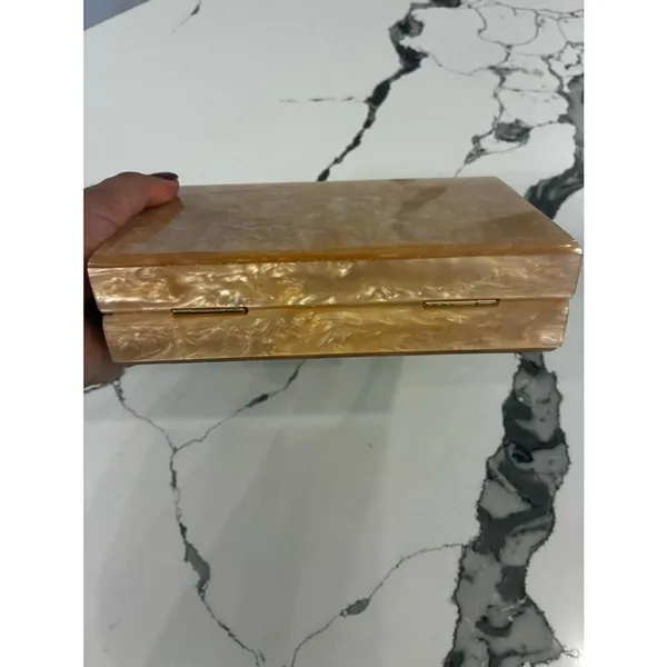Lulu's Pearlescent Pink Acrylic Box Clutch with Gold Ring Handle - Image 6