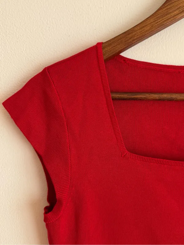 White House Black Market Silk Blend Square Neck Cap Sleeve Knit Top Red Small S - Image 2