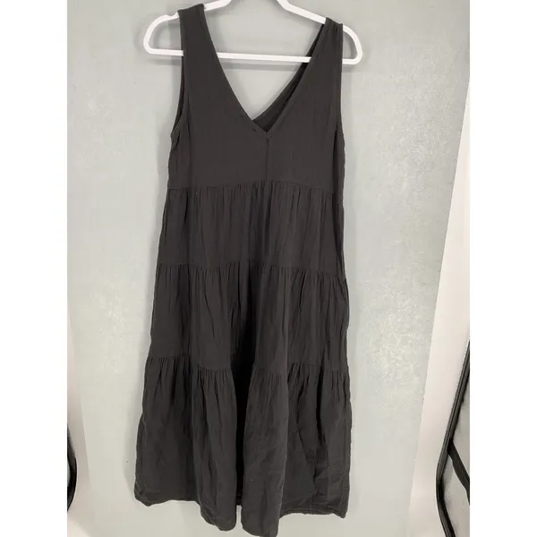 Quince Womens Dress Sleeveless V-Neck Tiered Gauze Charcoal Gray Small - Image 3