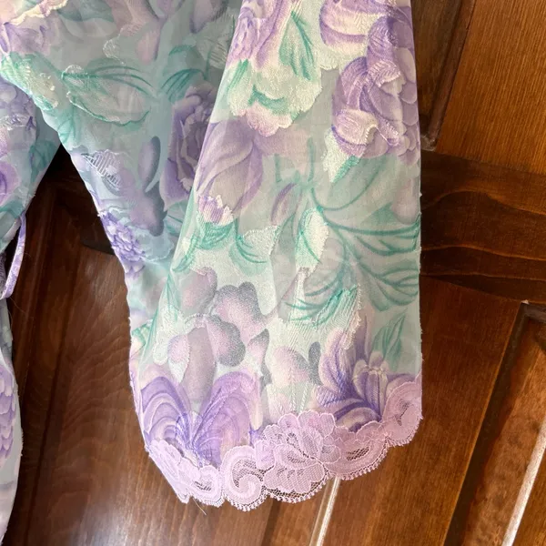 Vtg LA Intimates Robe Large Purple Green Floral Sheer Kimono Cottagecore 80s 90s - Image 7