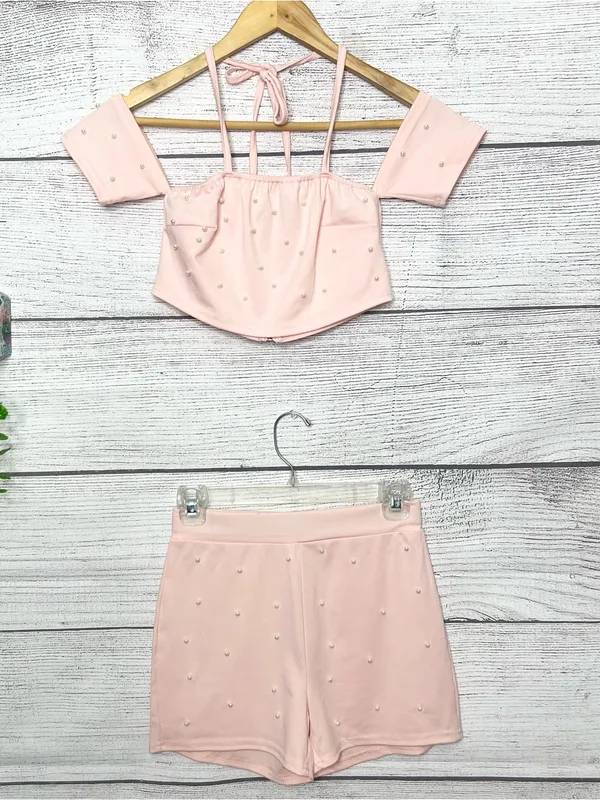 Pink Pearl Two-Piece Set Embellished Off Shoulder Crop Top & Shorts Size Small - Image 16
