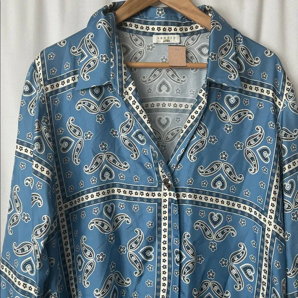 Sandro Blue Paisley Long Sleeve Collared Chloe Silk Mini Dress **Size 40/US 8** - Image 6