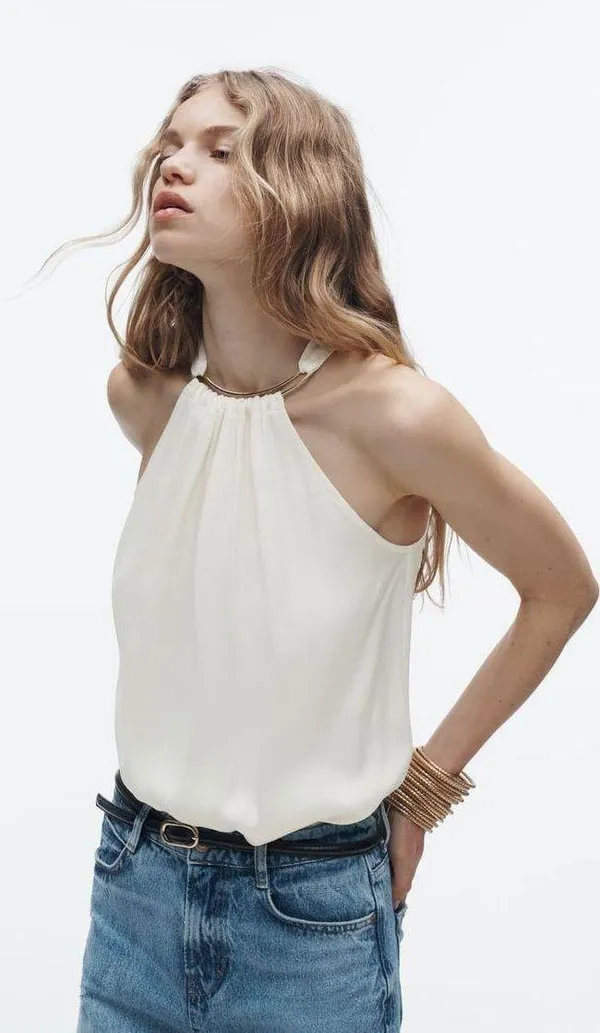 ZARA NWT  SATIN EFFECT HALTER White TOP. Size Large. - Image 2