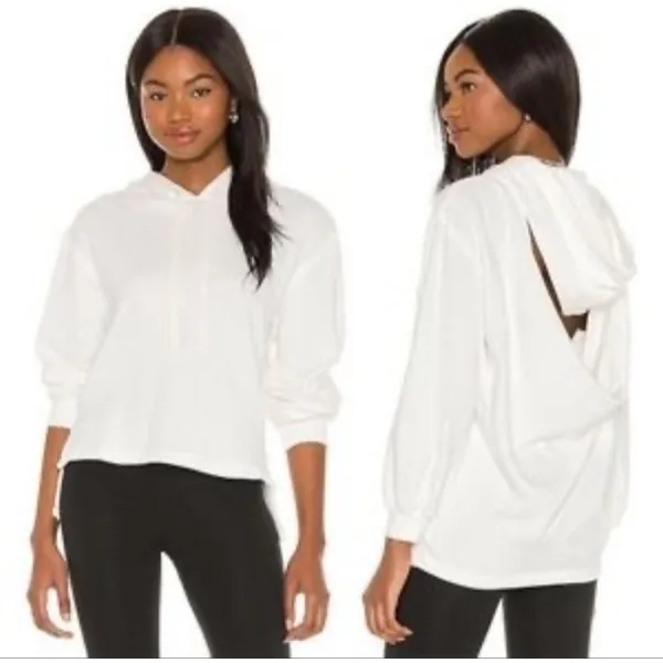 Alice + Olivia Elaine Hoodie Sz S Open Cowl Back French Terry‎ White Sweatshirt - Image 2