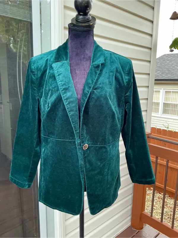 Women's Velvet Single-Button Blazer Jacket - Deep Teal Green - Image 4