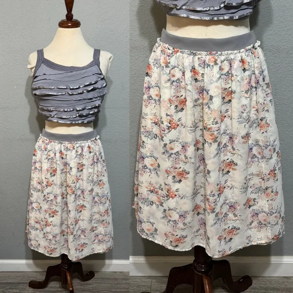 MIKAROSE Women Floral Chiffon Midi Skirt Gray‎ Waistband Ruffle Hem Size M - Image 2