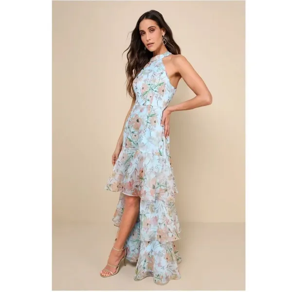 Lulus Forever Exceptional Light Blue Floral Halter Organza Maxi Dress,‎ Medium - Image 5