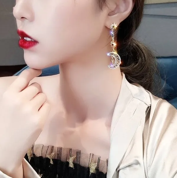 Asymmetrical Celestial Moon & Star Drop Earrings - Horoscope, Bling, Sparkle - Image 6