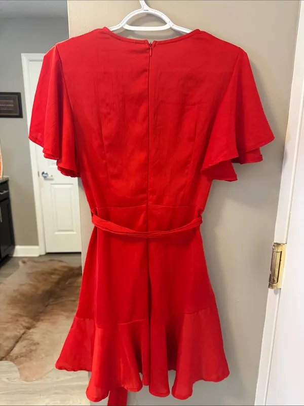 $99 NWOT Selfie Leslie Cami Angel Sleeve Faux Wrap Dress Red S - Image 11