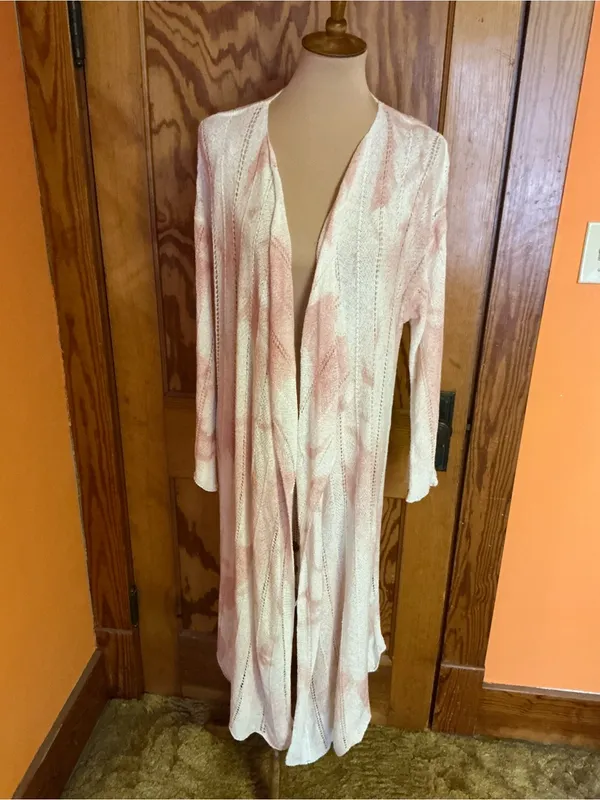 POL Long Open Front Duster Cardigan Large Pink Ivory Tie Dye Pointelle Knit Boho - Image 11