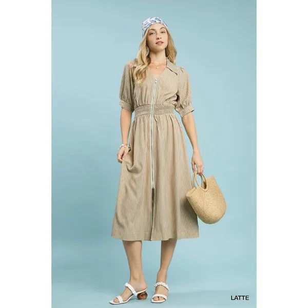 Umgee Striped Midi Dress with Front Zipper - Latte - Small - Image 4