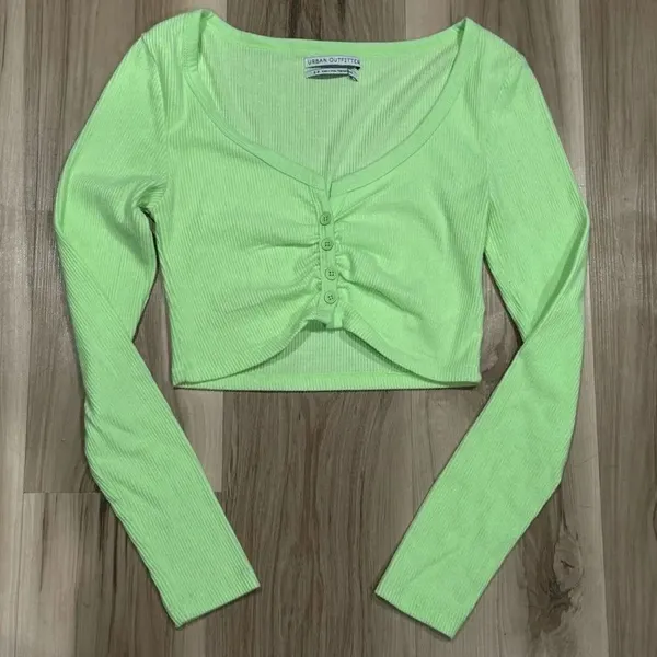 Urban Outfitters Sherry Shirred Cardigan Lime Green Neon Women’s Small - Image 2