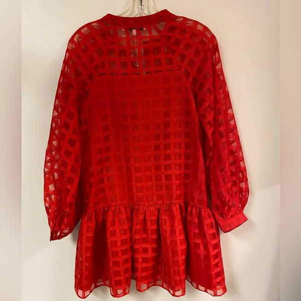 English Factory Women's Check Organza Buttoned Long Sleeves Red Mini Dress - Image 4